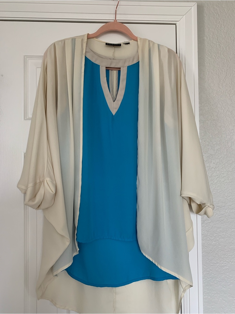 3 Pieces - Metaphor Blue Tank, Peach Tank and Cream Layered Shrug - XL
